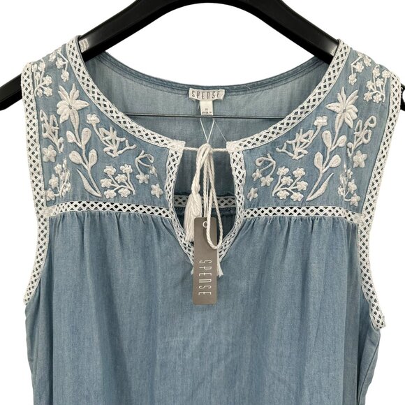 Spense Embroidered Chambray Sleeveless Jean Pockets Tassel Dress Short Large - Picture 2 of 7